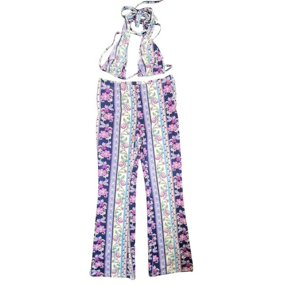 Purple blue Floral Print Halter Crop Top Flared Pants Set large Sexy‎ Hippie Y2K - Picture 3 of 6